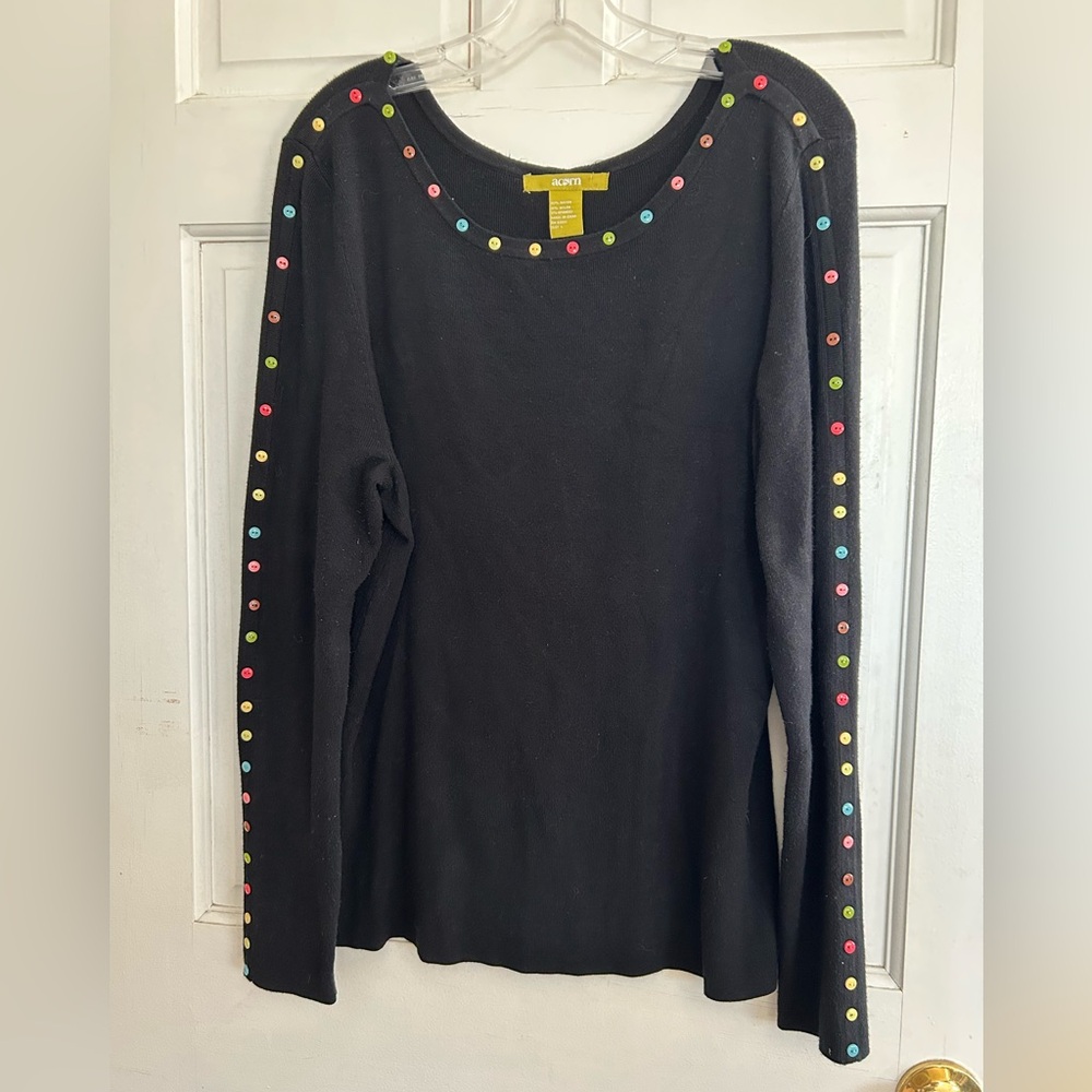 Adorable Acorn Black Sweater with Multicolor Button Accents. Size Medium